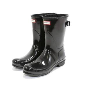 NEW HUNTER women's original short back adjustable gloss rain boots in black